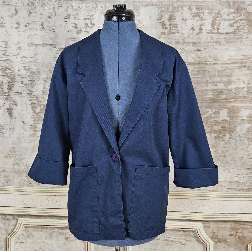 Vintage Blue Chore Coat Blazer Women's S Twill 1980s 80s 1990s Made in USA